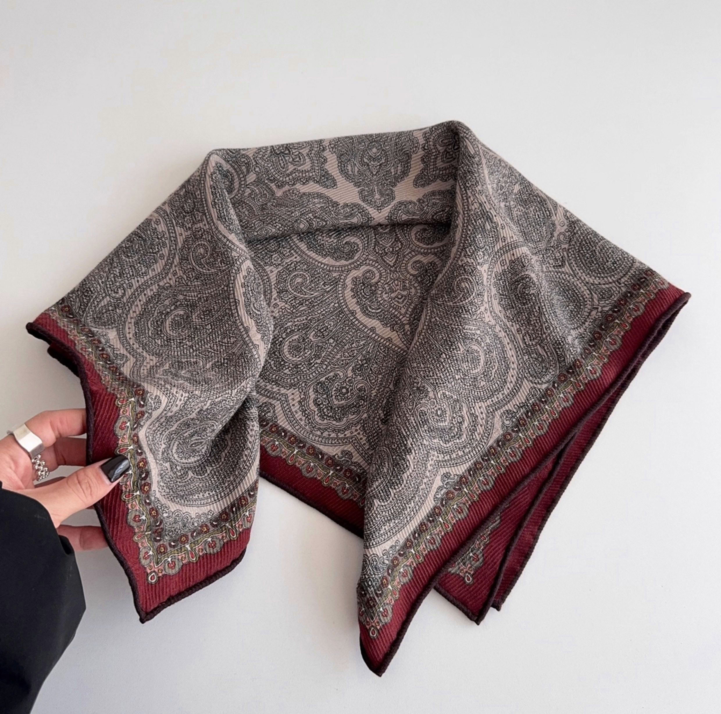 Brown paisley scarf, Twill printed mulberry silk shawl, Silk and wool scarf, Women's handbag square scarf, Double-sided pattern,Gift for her