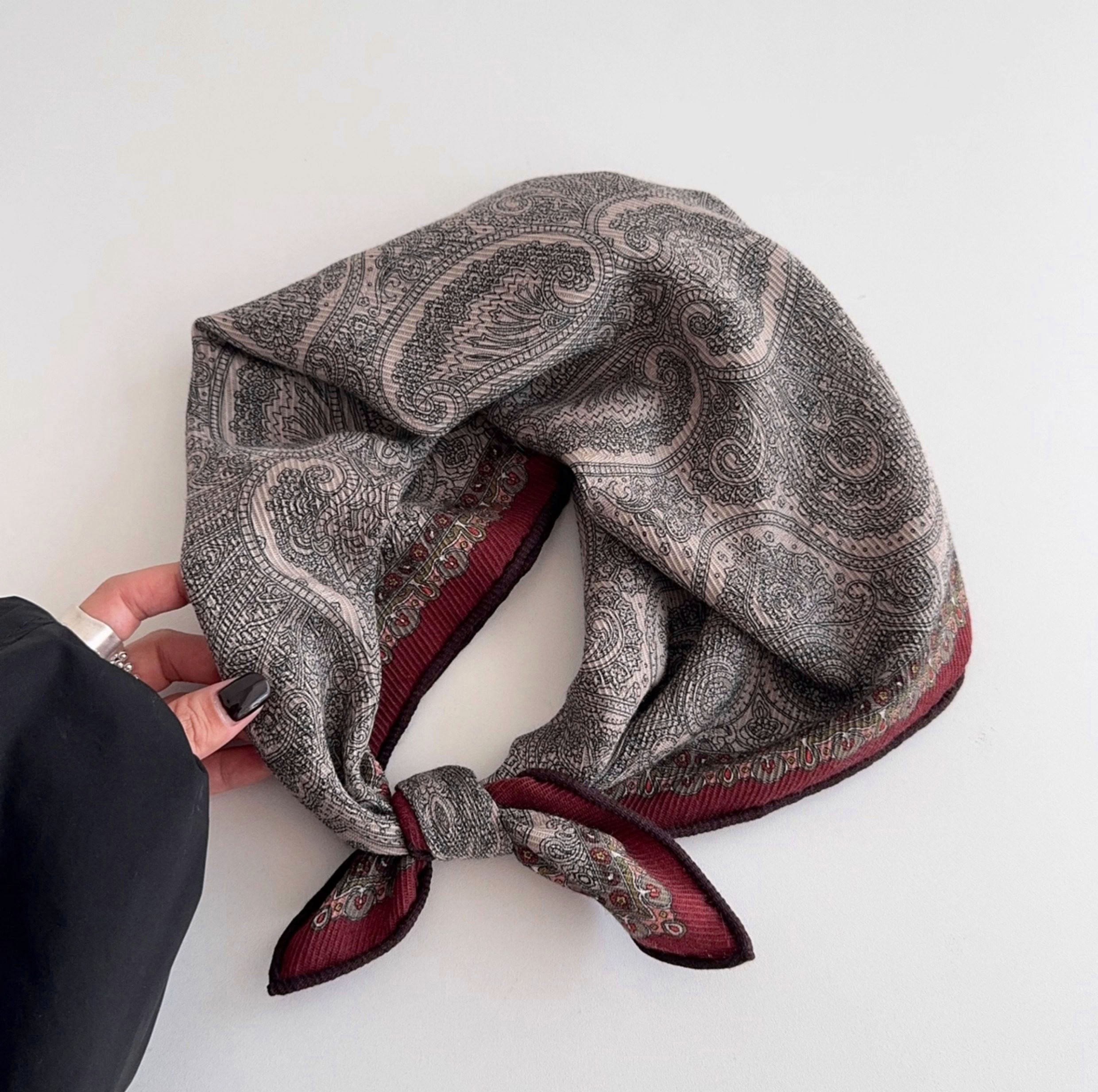 Brown paisley scarf, Twill printed mulberry silk shawl, Silk and wool scarf, Women's handbag square scarf, Double-sided pattern,Gift for her